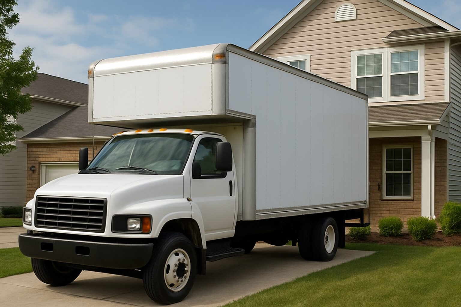 A white moving truck parked in front of a suburban home